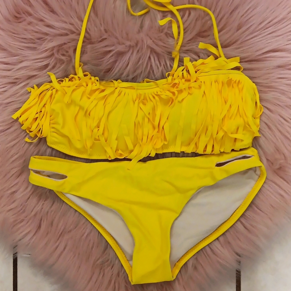 Brand New LADIES 2-PIECE BANDEAU TOP FRINGE BIKINI SWIMSUIT-S